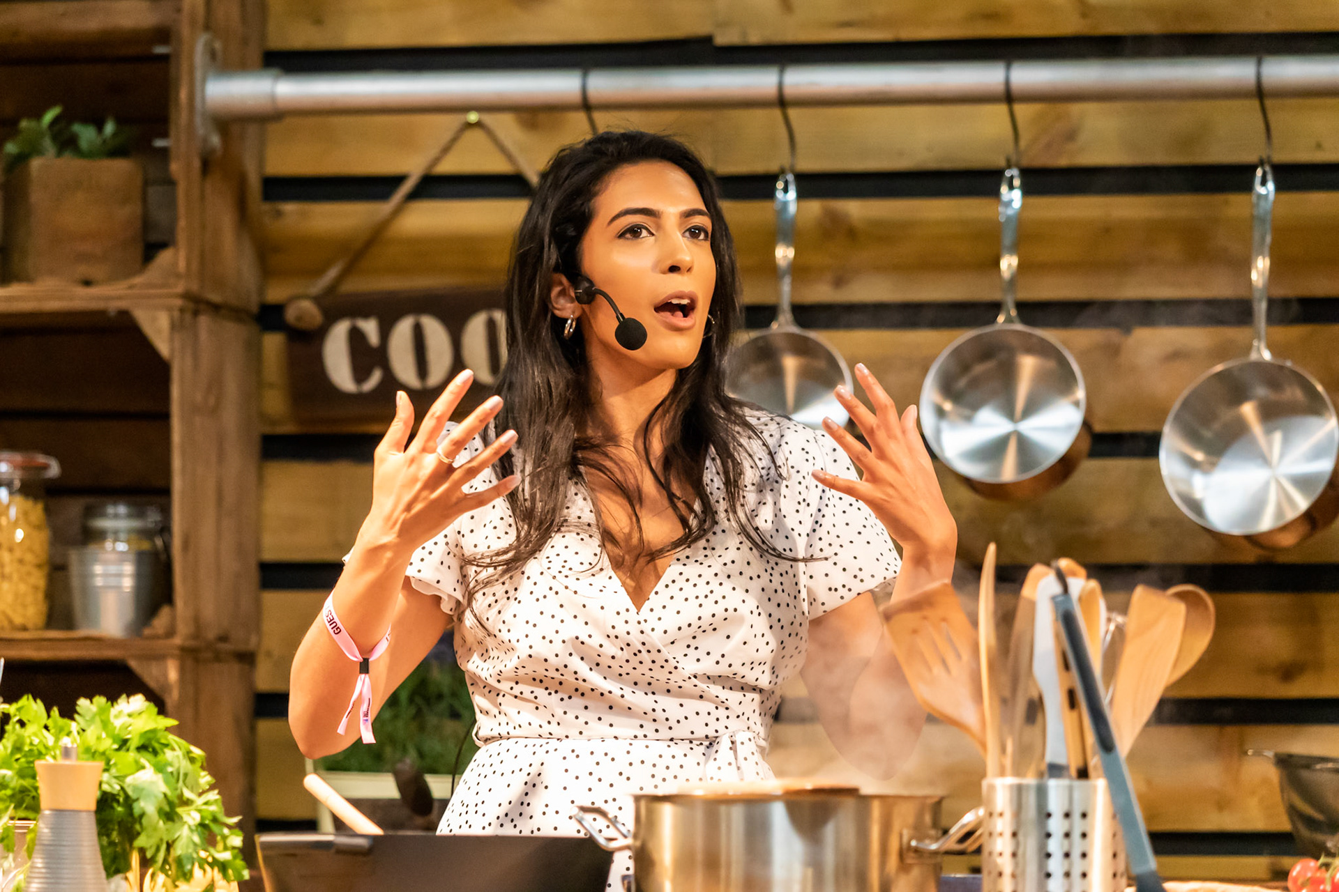 Great British Bake Off's Crystelle Periera cooks Cacio e Pepe live on the Italian Kitchen stage at the BBC Good Food Show Summer, hosted by Chris Bavin, 16th June 2022