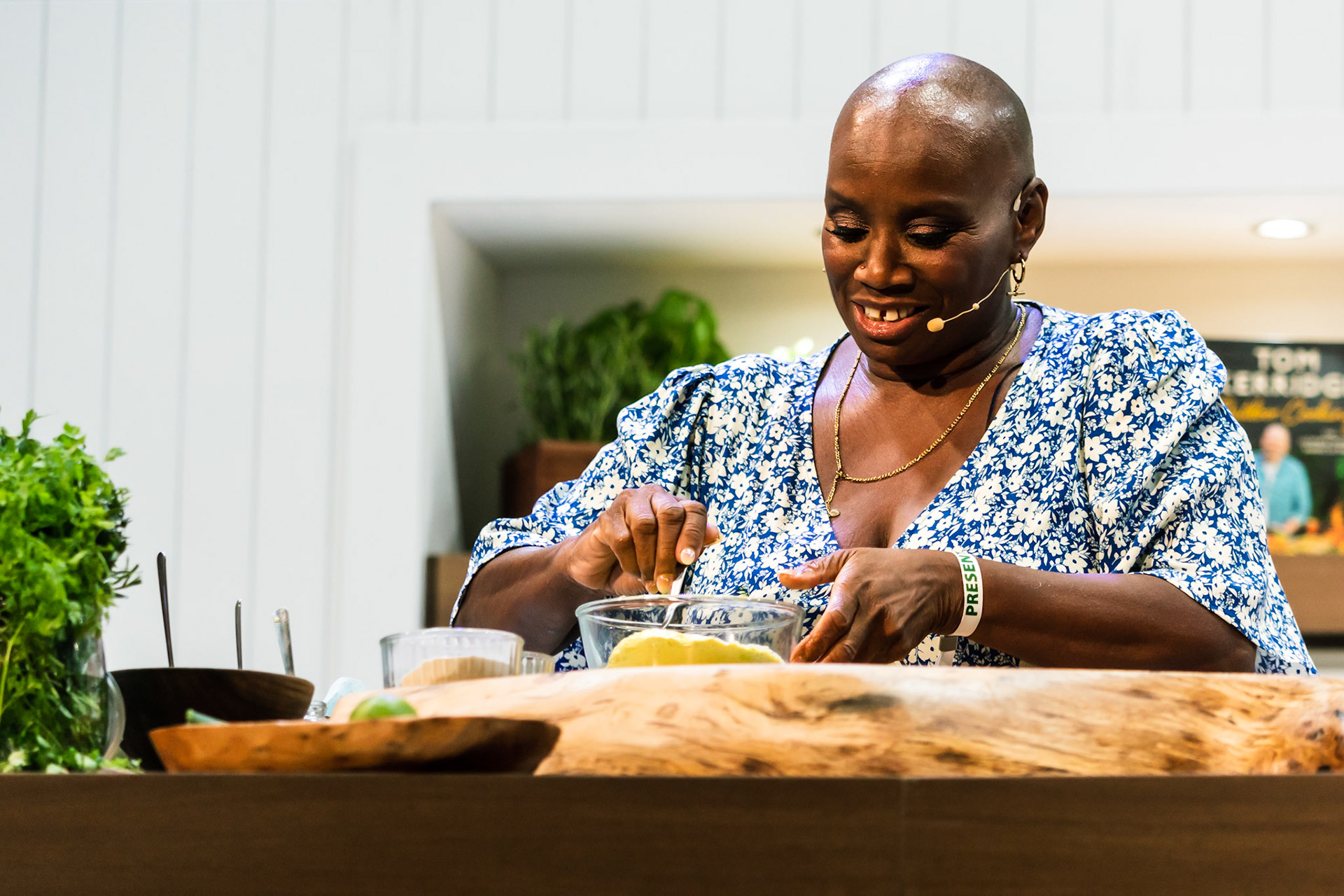 Andi Oliver cooks white sweet potato & saltfish fritters, ackee cream & green seasoning oil live in the Big Kitchen at the BBC Good Food Show Summer, hosted by Marcus Bean, 16th June 2022
