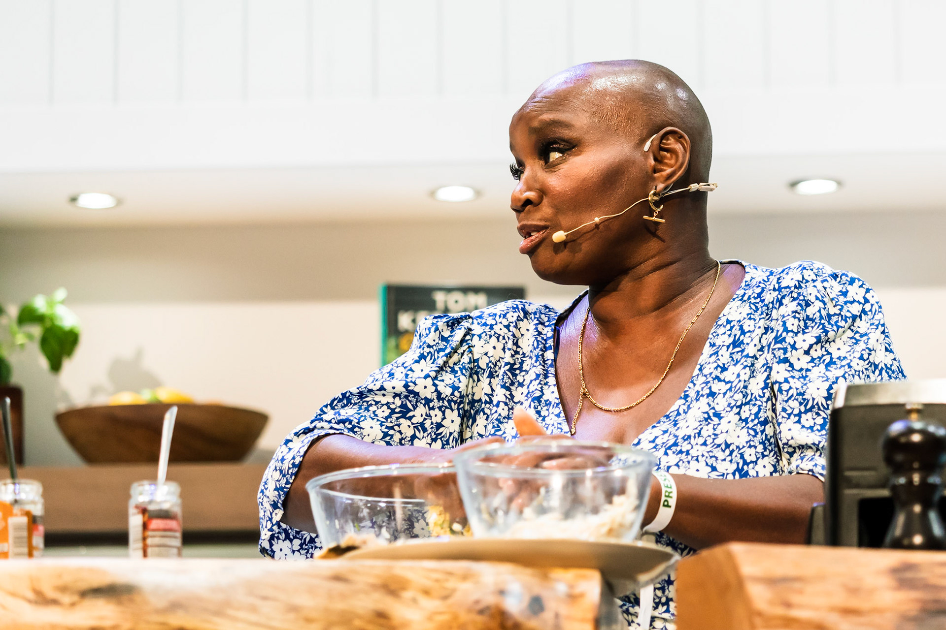 Andi Oliver cooks white sweet potato & saltfish fritters, ackee cream & green seasoning oil live in the Big Kitchen at the BBC Good Food Show Summer, hosted by Marcus Bean, 16th June 2022