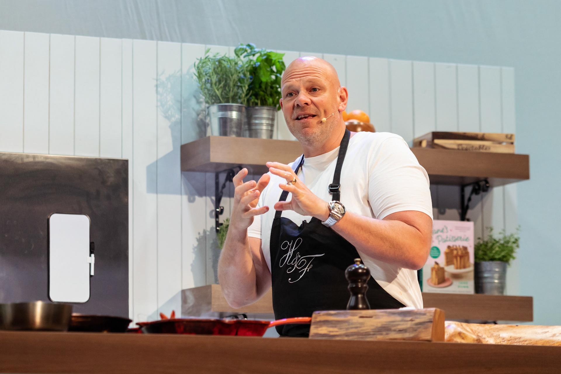 Tom Kerridge cooks T-bone steak with black pepper butter live in the Big Kitchen at BBC Good Food Show Summer, hosted by Marcus Bean, 16th June 2022