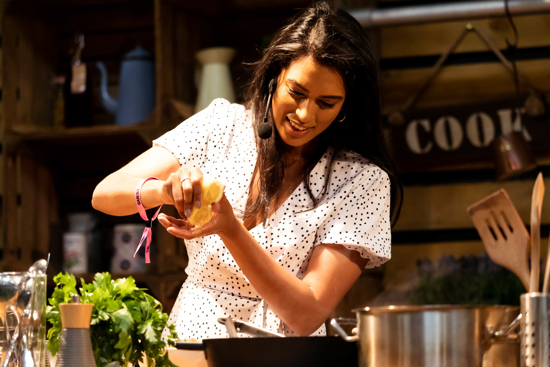 Great British Bake Off's Crystelle Periera cooks Cacio e Pepe live on the Italian Kitchen stage at the BBC Good Food Show Summer, hosted by Chris Bavin, 16th June 2022