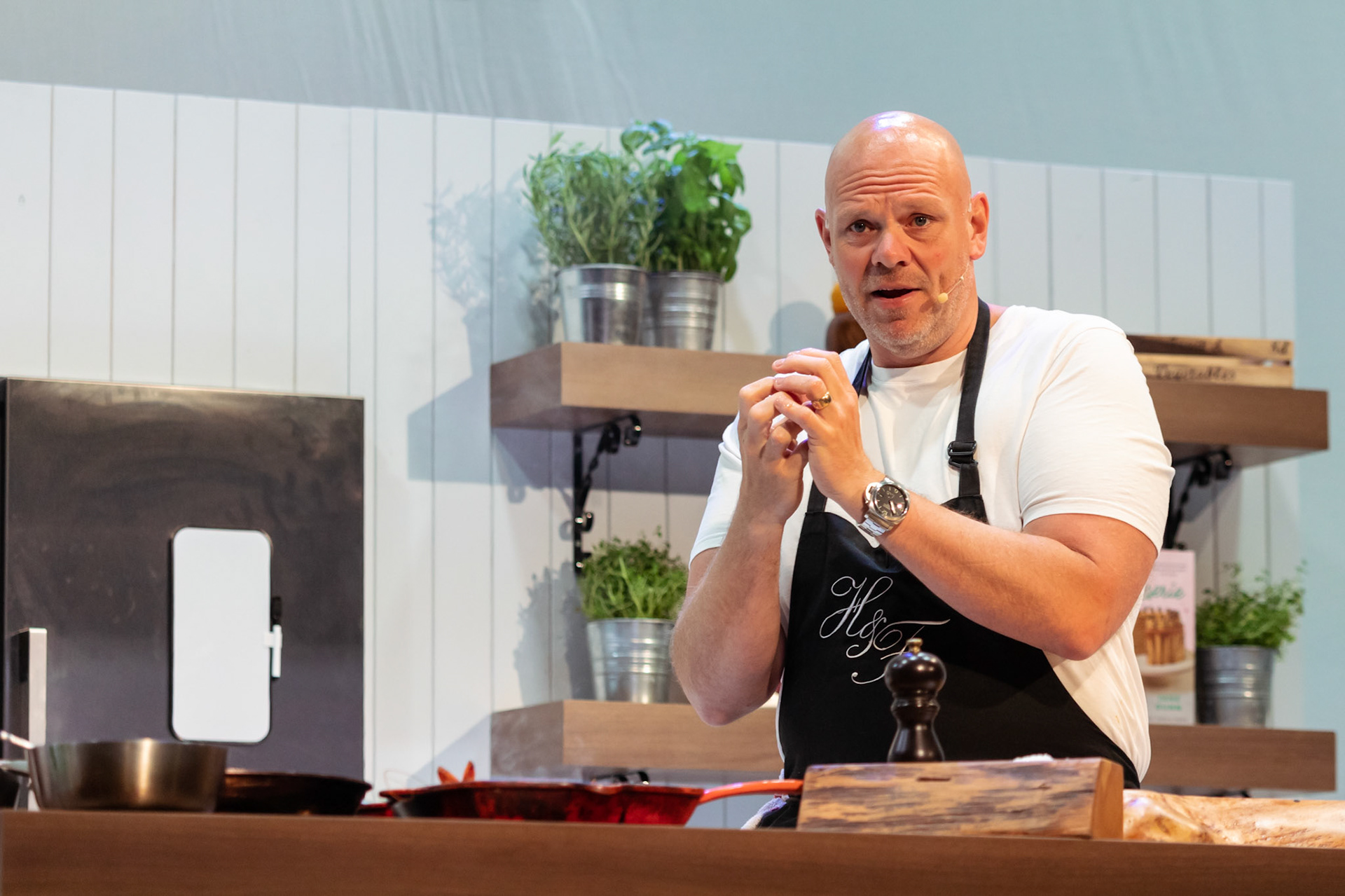 Tom Kerridge cooks T-bone steak with black pepper butter live in the Big Kitchen at BBC Good Food Show Summer, hosted by Marcus Bean, 16th June 2022