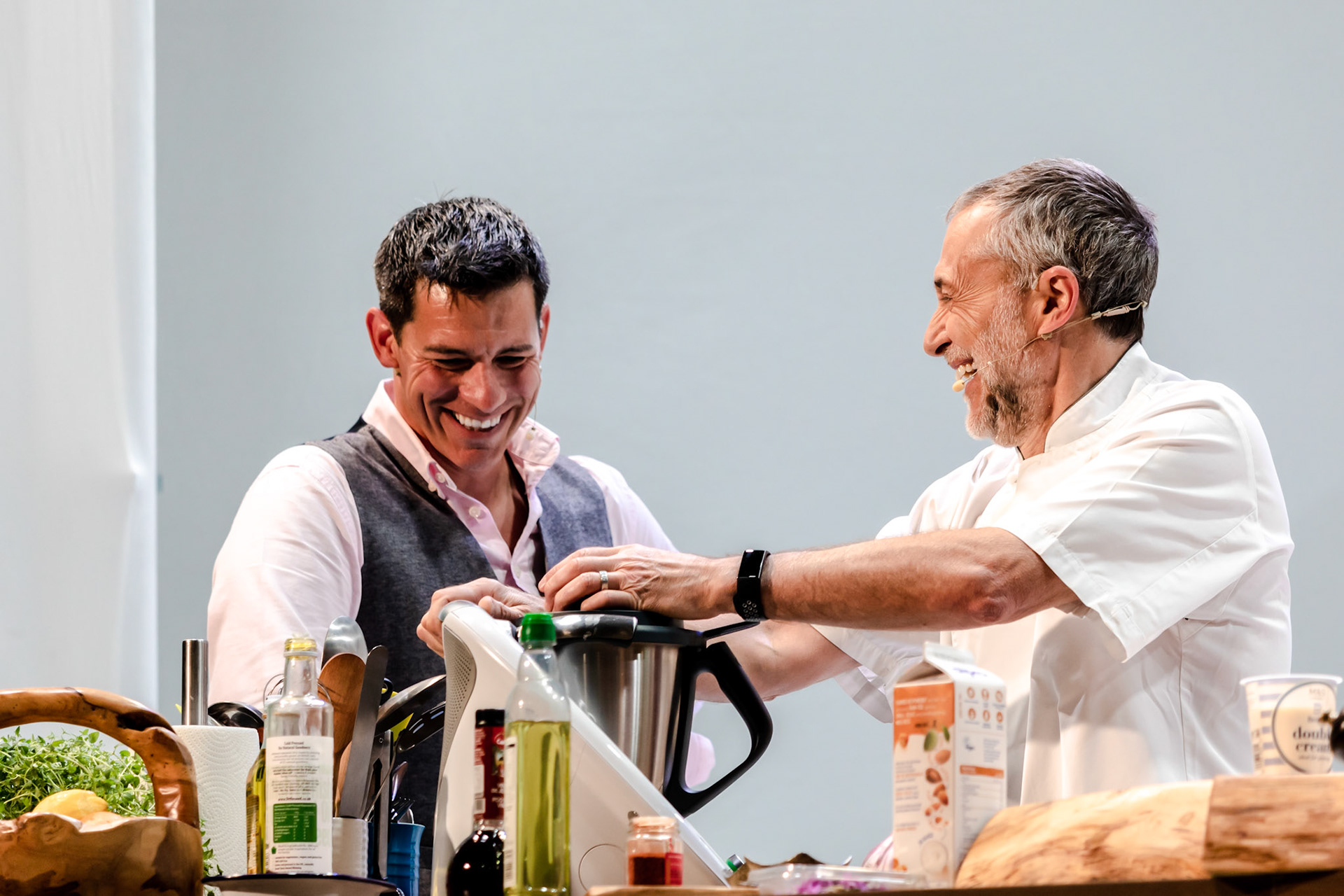 Michel Roux Junior cooks chilled white almond & garlic soup in the Big Kitchen hosted by Marcus Bean live at the BBC Good Food Show Summer, 16th June 2022
