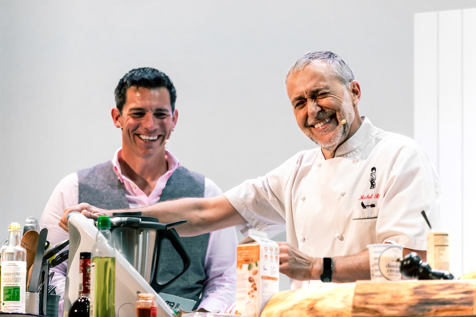 Michel Roux Junior cooks chilled white almond & garlic soup in the Big Kitchen hosted by Marcus Bean live at the BBC Good Food Show Summer, 16th June 2022