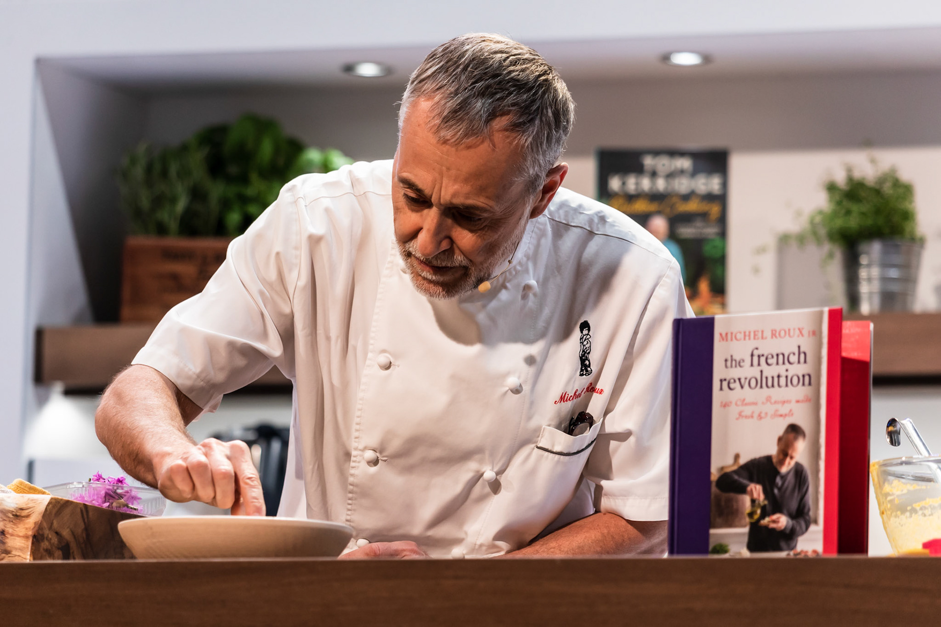Michel Roux Junior cooks chilled white almond & garlic soup in the Big Kitchen hosted by Marcus Bean live at the BBC Good Food Show Summer, 16th June 2022