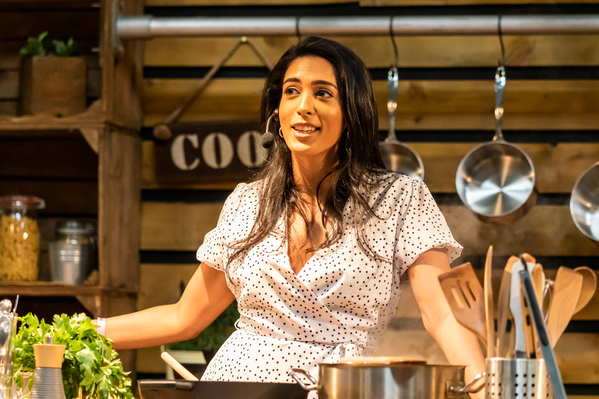 Great British Bake Off's Crystelle Periera cooks Cacio e Pepe live on the Italian Kitchen stage at the BBC Good Food Show Summer, hosted by Chris Bavin, 16th June 2022