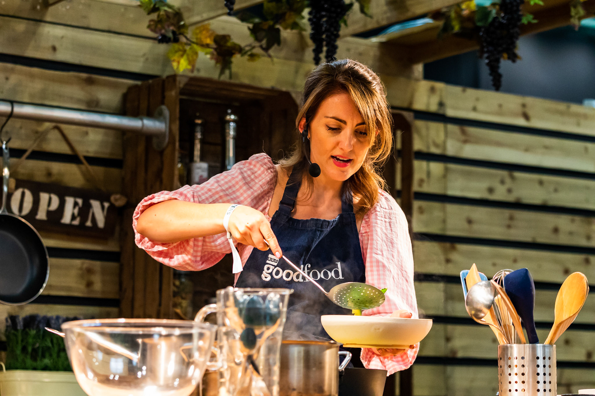 BBC Good Food Magazine's Cassie Best cooks broken lasagne with courgette, pea &amp; mint on the Italian Kitchen Stage hosted by Chris Bavin, live at the BBC Good Food Show Summer, 16th June 2022