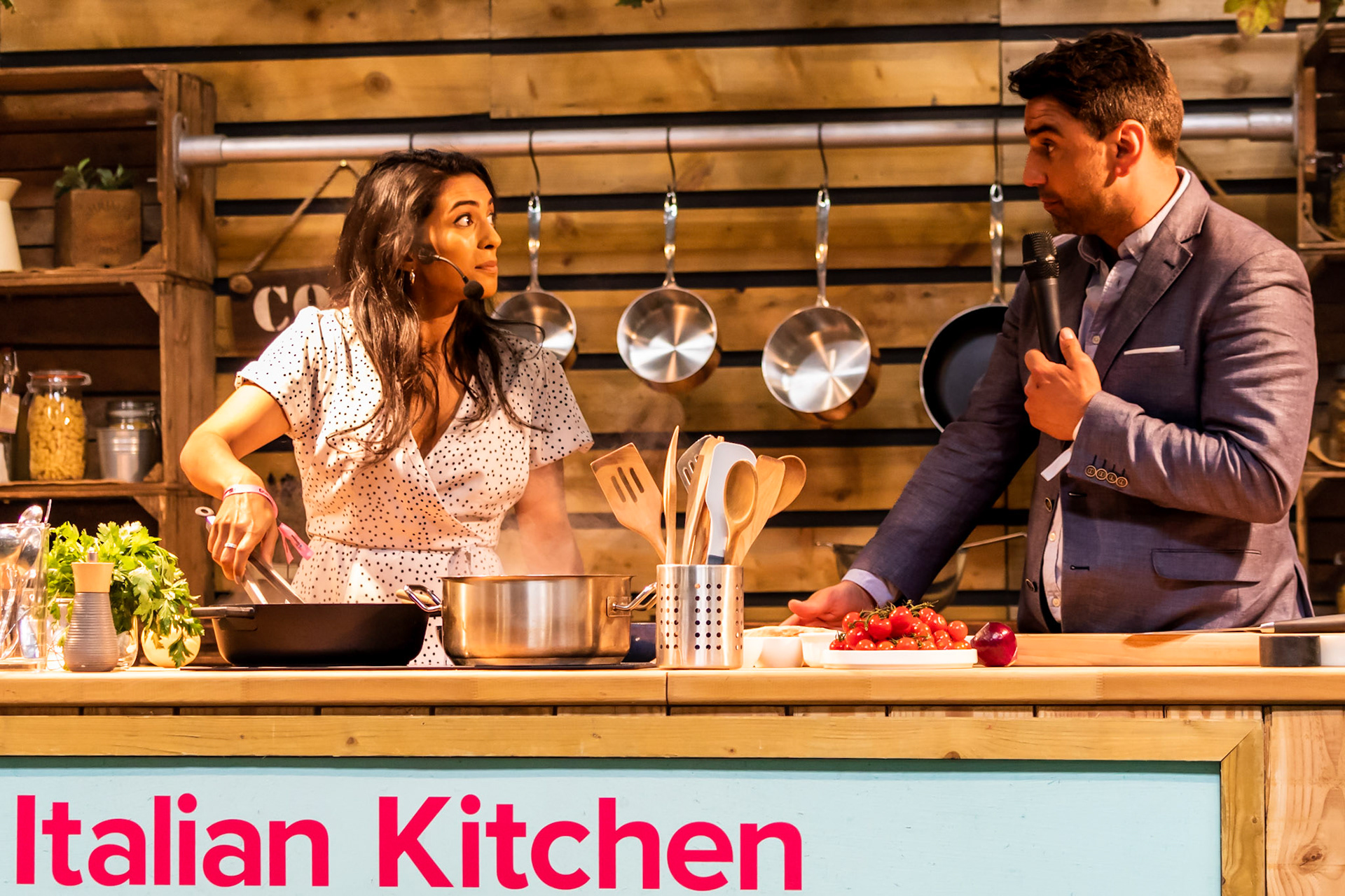 Great British Bake Off's Crystelle Periera cooks Cacio e Pepe live on the Italian Kitchen stage at the BBC Good Food Show Summer, hosted by Chris Bavin, 16th June 2022