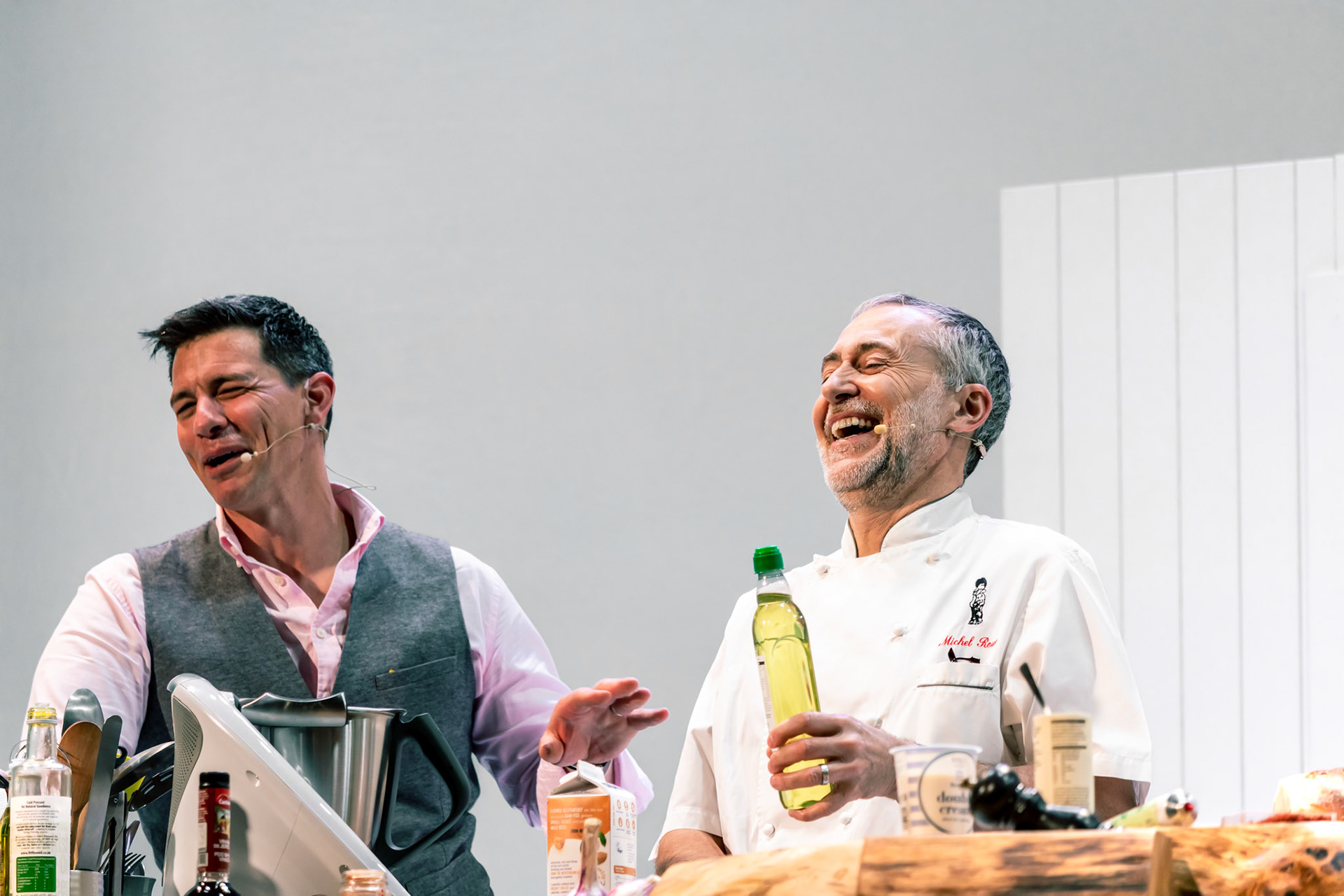 Michel Roux Junior cooks chilled white almond & garlic soup in the Big Kitchen hosted by Marcus Bean live at the BBC Good Food Show Summer, 16th June 2022