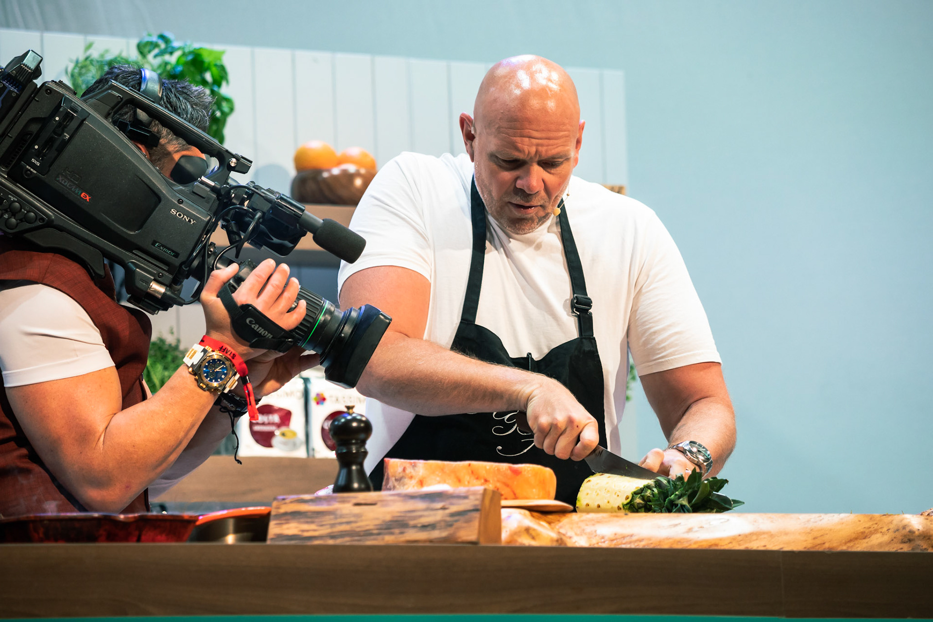 Tom Kerridge cooks T-bone steak with black pepper butter live in the Big Kitchen at BBC Good Food Show Summer, hosted by Marcus Bean, 16th June 2022