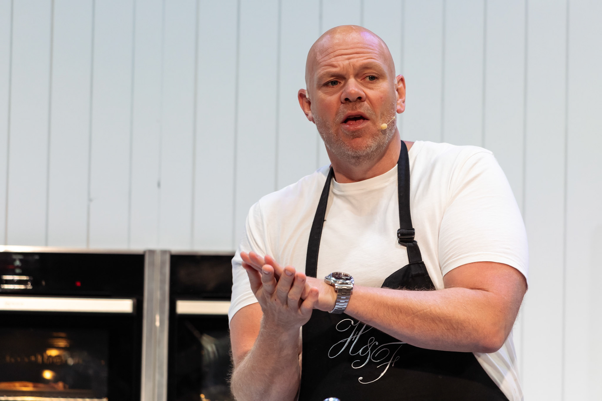 Tom Kerridge cooks T-bone steak with black pepper butter live in the Big Kitchen at BBC Good Food Show Summer, hosted by Marcus Bean, 16th June 2022
