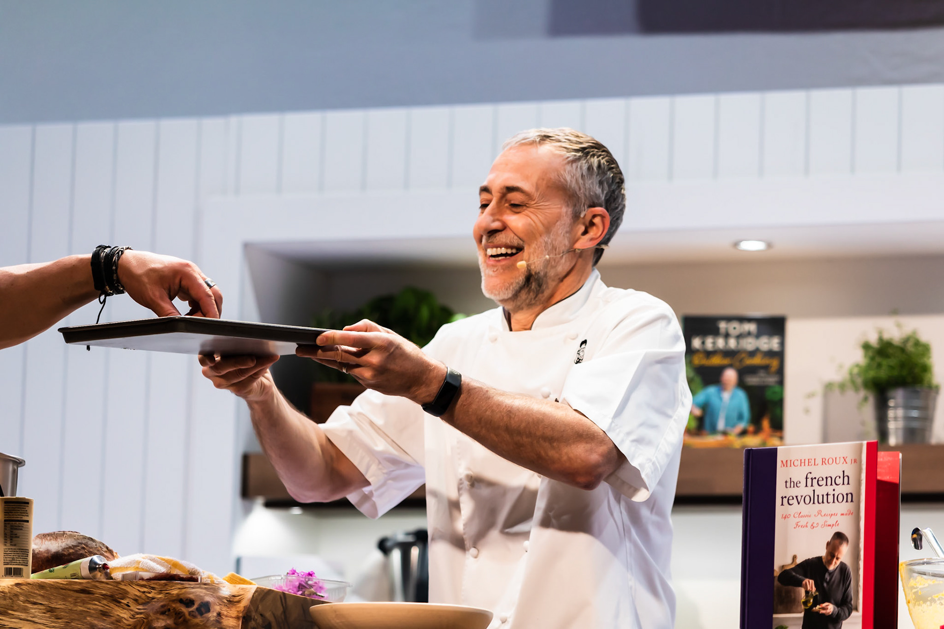 Michel Roux Junior cooks chilled white almond & garlic soup in the Big Kitchen hosted by Marcus Bean live at the BBC Good Food Show Summer, 16th June 2022