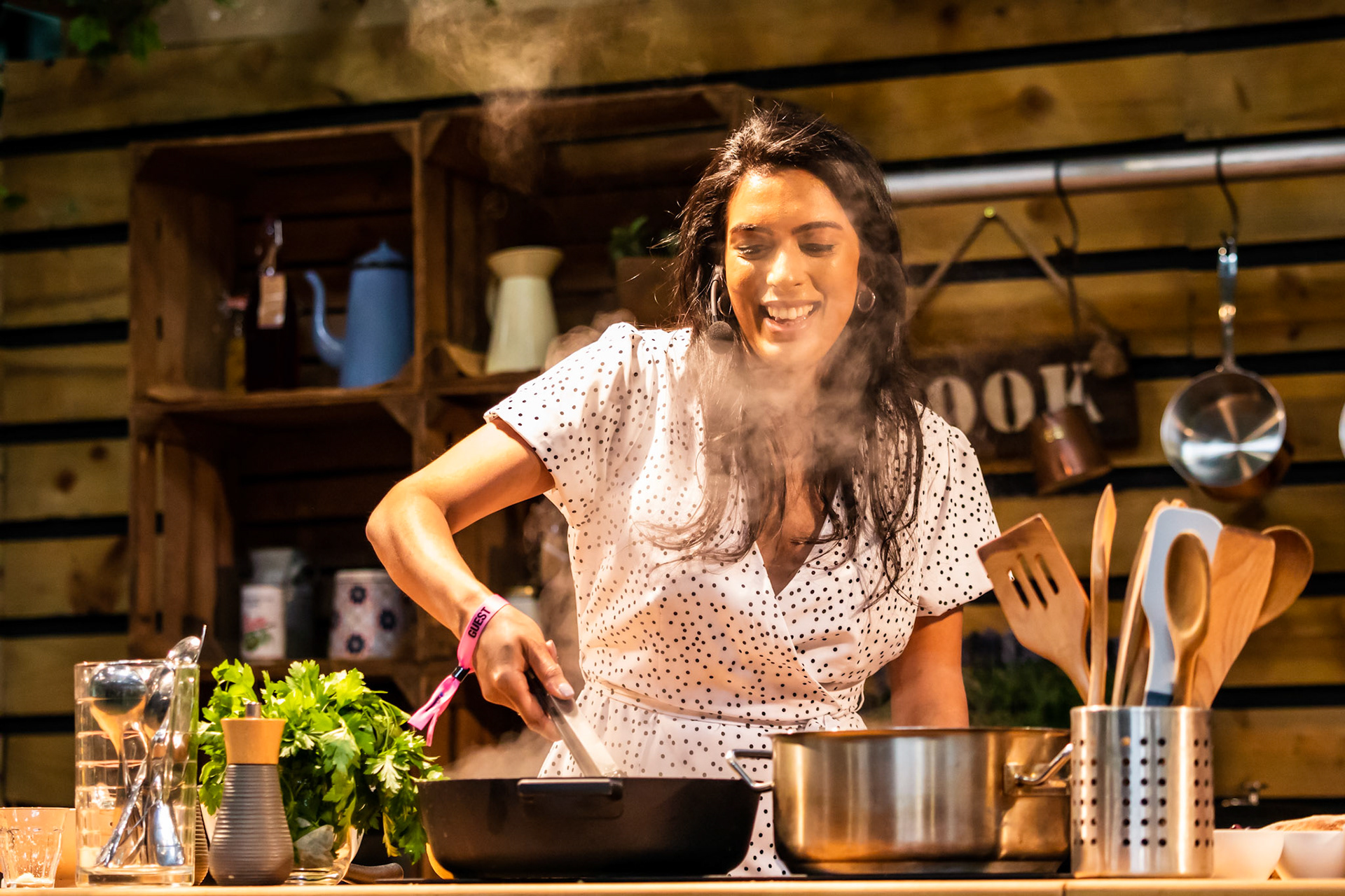 Great British Bake Off's Crystelle Periera cooks Cacio e Pepe live on the Italian Kitchen stage at the BBC Good Food Show Summer, hosted by Chris Bavin, 16th June 2022