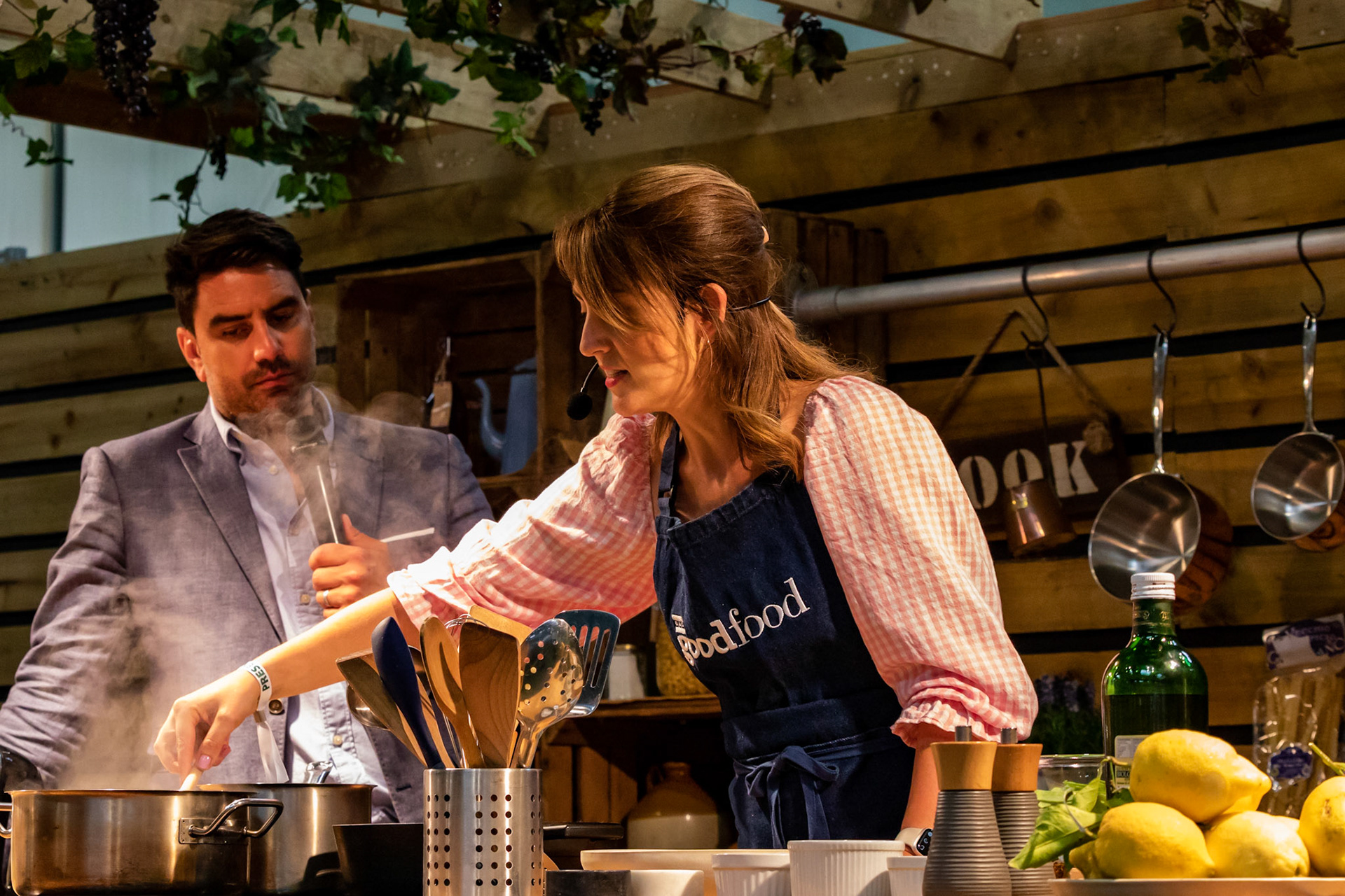 BBC Good Food Magazine's Cassie Best cooks broken lasagne with courgette, pea &amp; mint on the Italian Kitchen Stage hosted by Chris Bavin, live at the BBC Good Food Show Summer, 16th June 2022