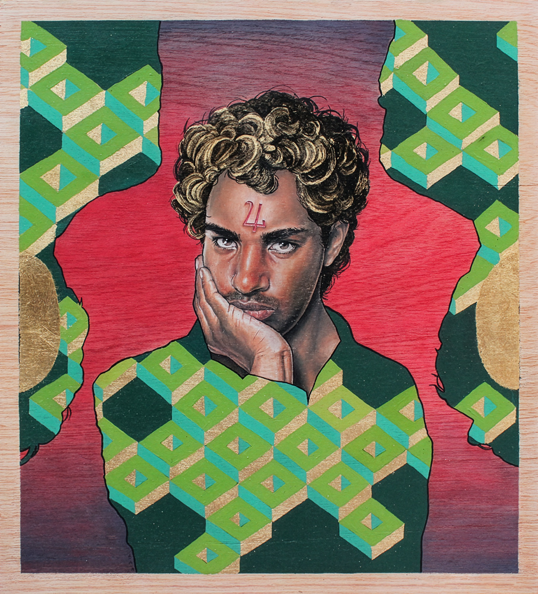 "Pan"  - 2020 Acrylic, Colored Pencil, Gold Leaf on Wood 2' x 2'
