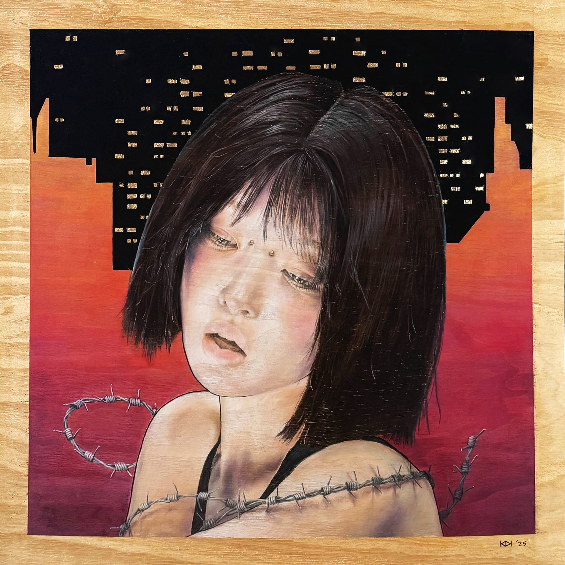 "Disbandment" - 2025 Acrylic, Colored Pencil, Gold Leaf on Wood 2' x 2'