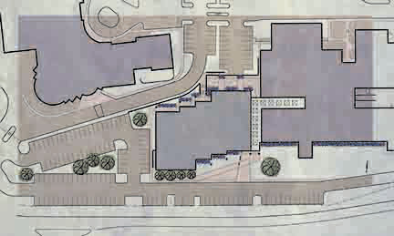 Site Diagram showing the insertion of new construction (center) and it's connection to the existing  facility structure (right).