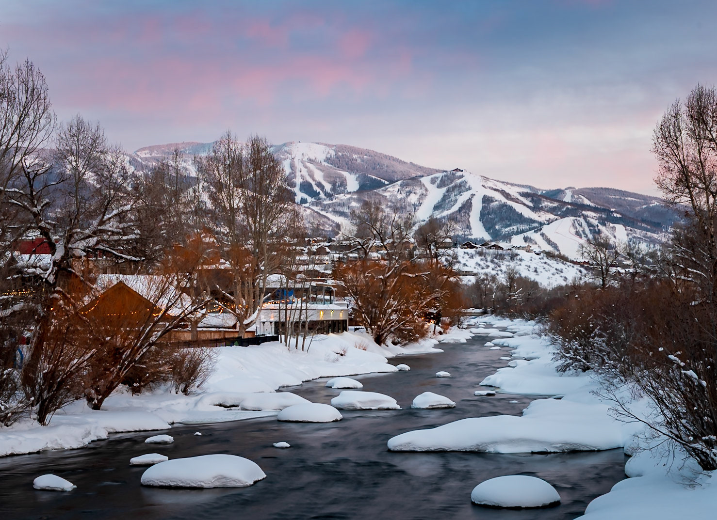Winter in Steamboat - Sunset Over The Yampa River with Steamboat in the background