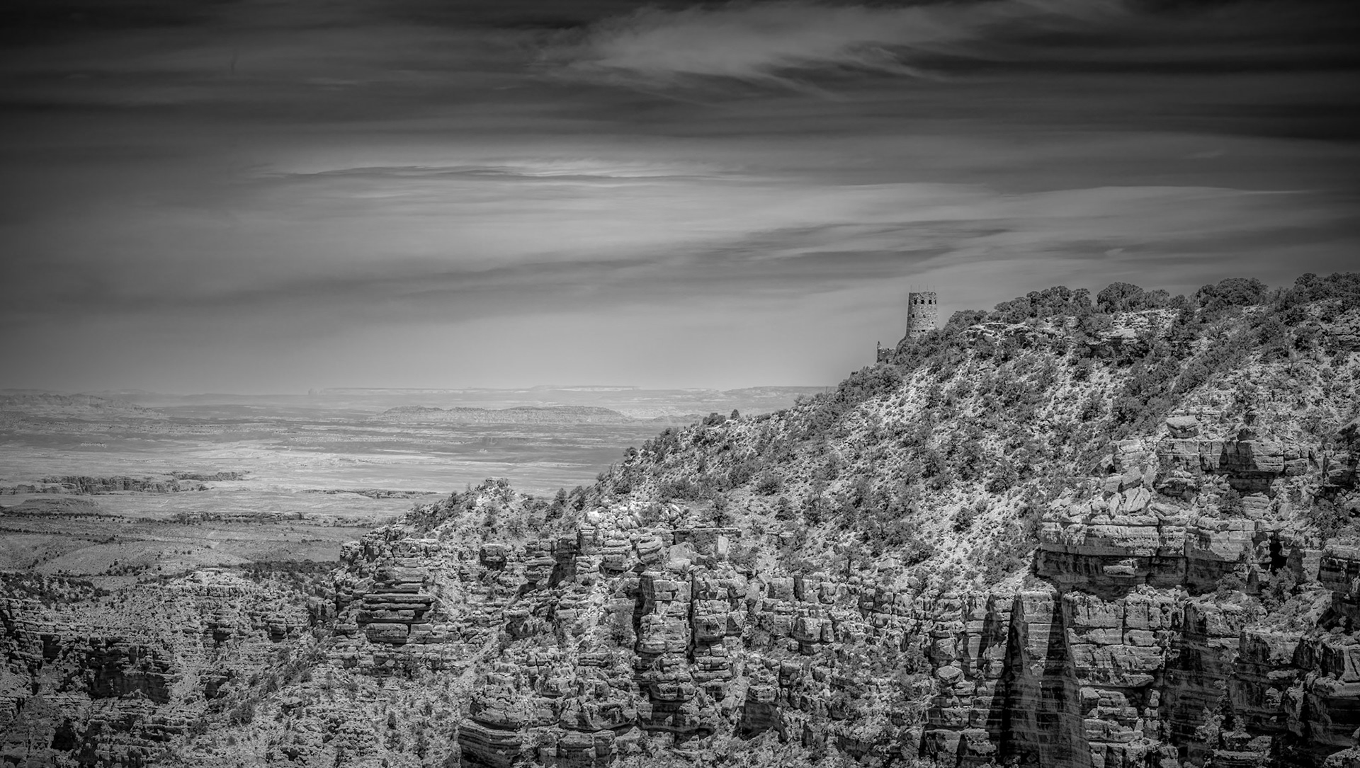 Desert View Landscape - Monochromatic vista of the Desert View Watchtower and landscape along the South Rim of the Grand Canyon National Park.