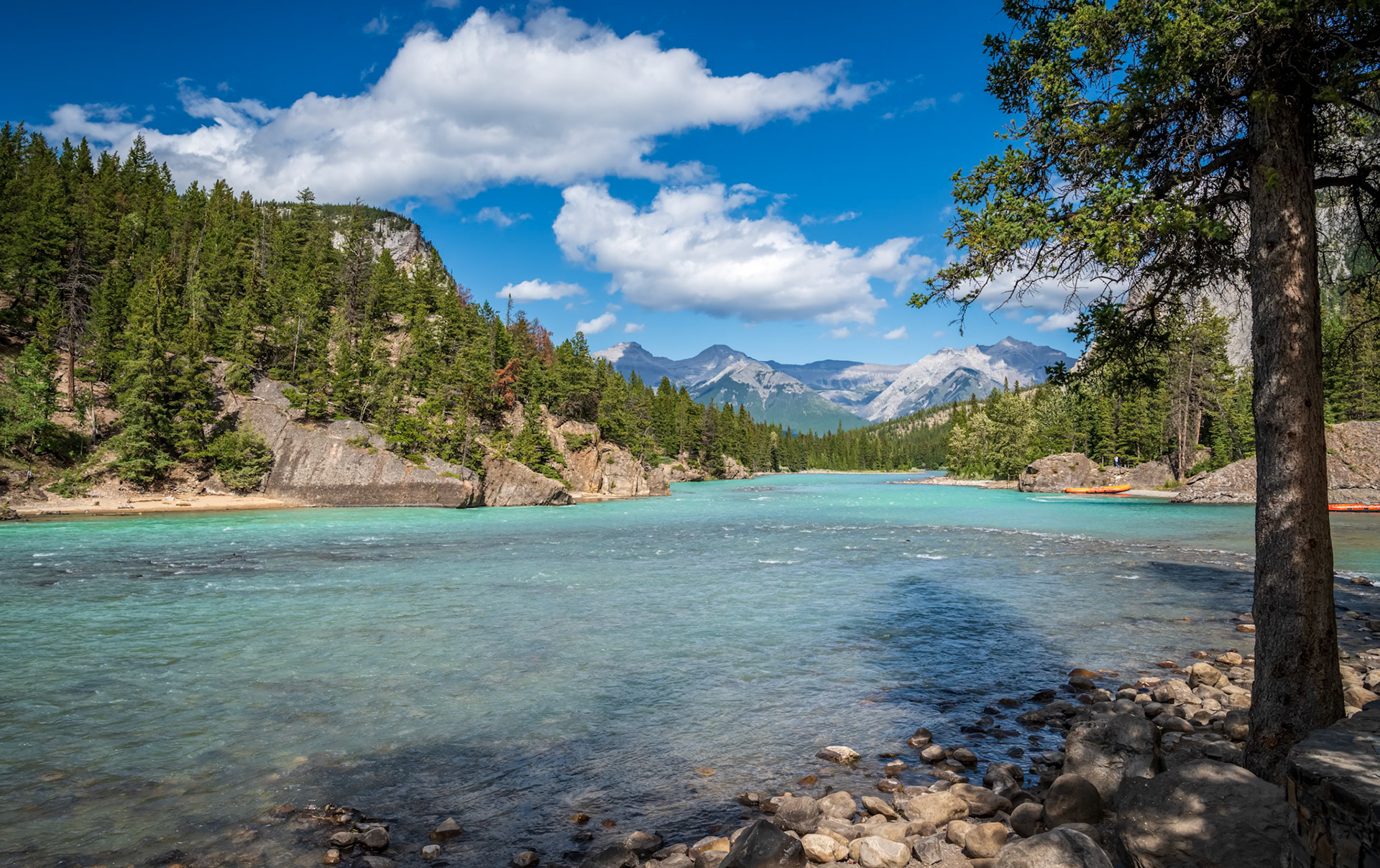 Beautiful Alpine River Passage - Bow River flowing through Banff National Park in the town of Banff