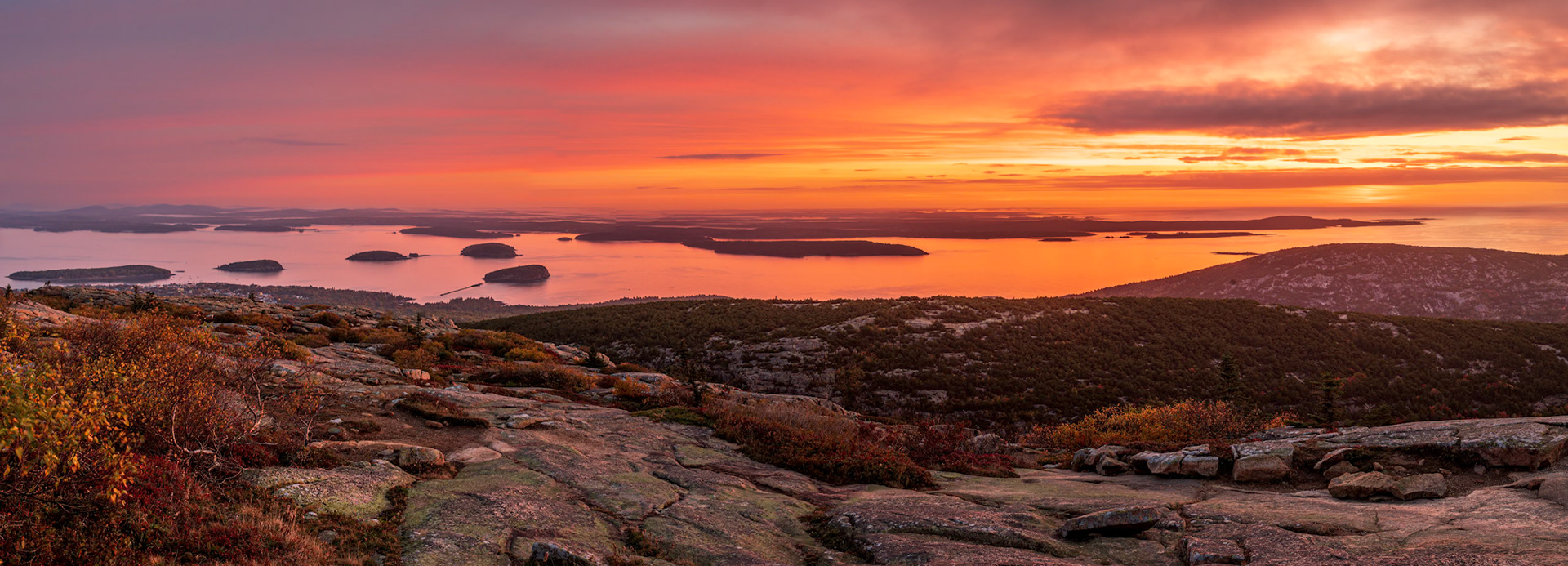 Cadillac Mountain Sunrise - Beautiful sunrise viewed from atop of Cadillac Mountain in Acadia National Park.  The sunrise is reflecting off the Mt Desert Narrows, with views of various islands in the Narrows, the Schoodic Peninsula and the Atlantic Ocean.