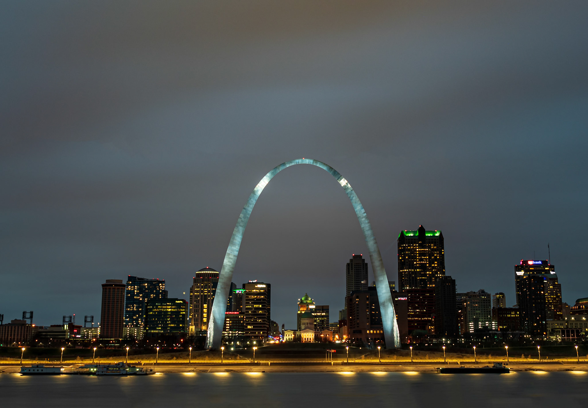 Stormy Night Over The Gateway Arch - Shot of the St. Louis Riverfront and the Gateway Arch National Park from the Malcolm W. Martin Memorial Park