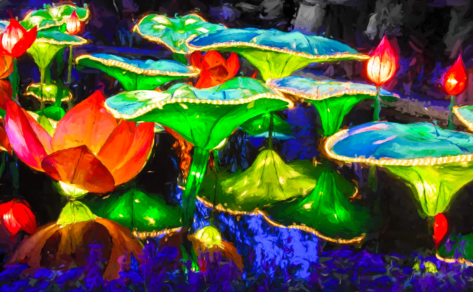Night Magic - Luminescent lily's and pads seem to dance as they reflect on the lily pond at the Lantern Festival at the Missouri Botanical Garden
