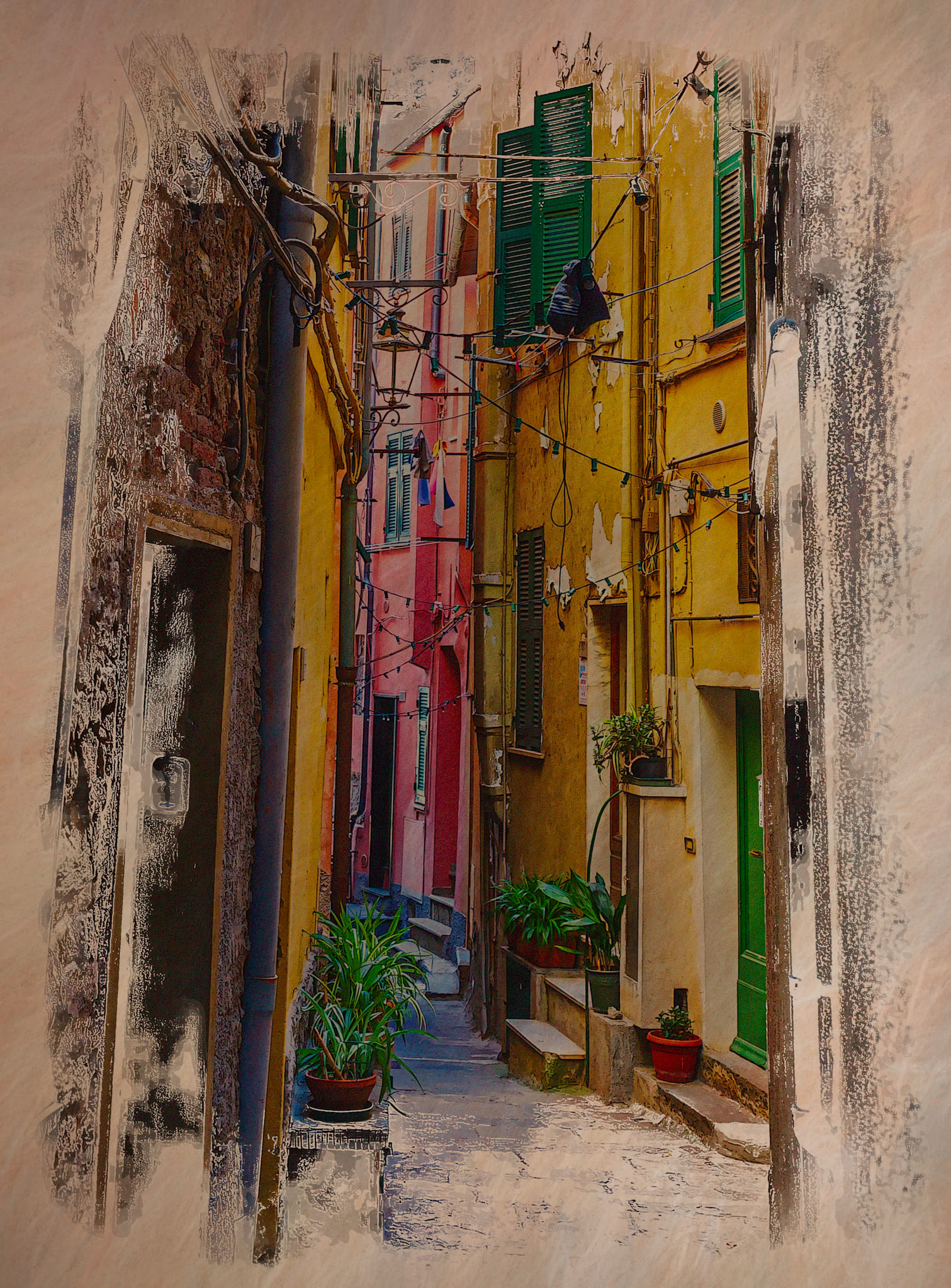 Narrow Passage - artistic rendering with Photoshop of a beautiful hidden alley through the colorful abodes of Vernazza, Italy