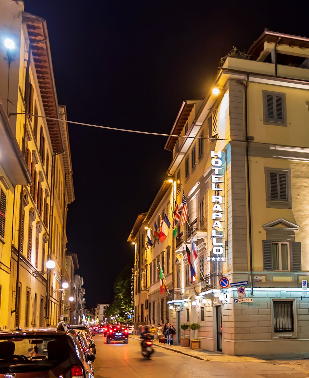 Night Streetscape of our first night in Italy.  We stayed at the Hotel Rapallo