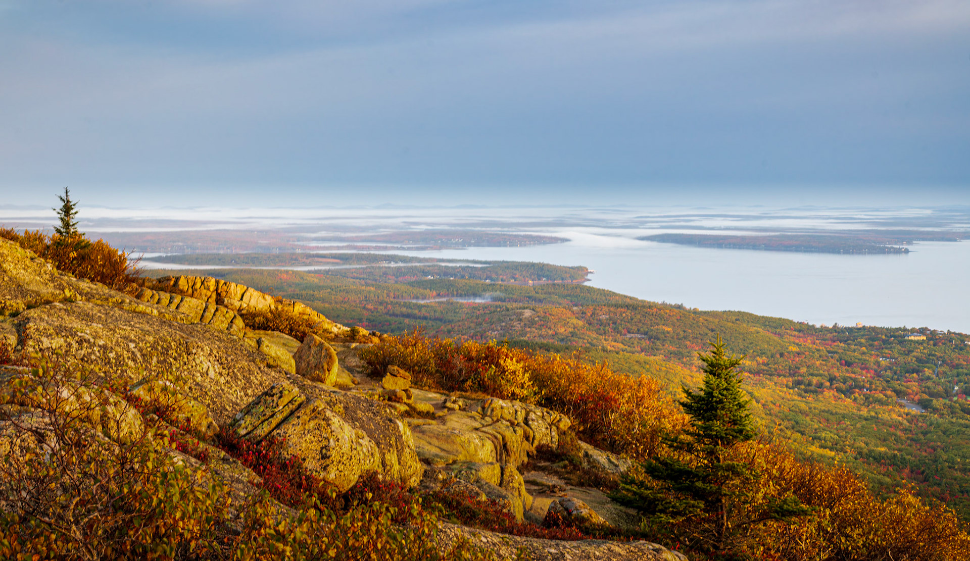 Morning Light and Fall Colors Over Cadillac Mountain and Acadia National Park