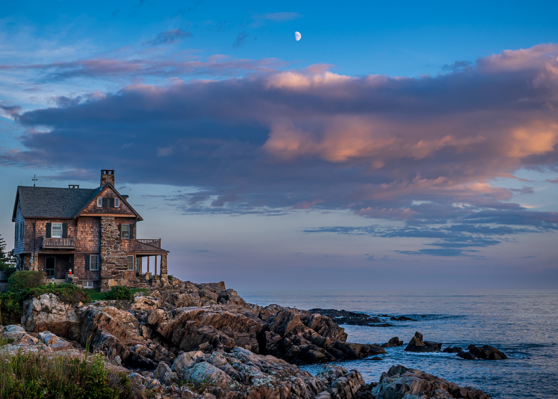 Sunset and Moonrise Over the Maine Coastline - Kennebunkport Maine