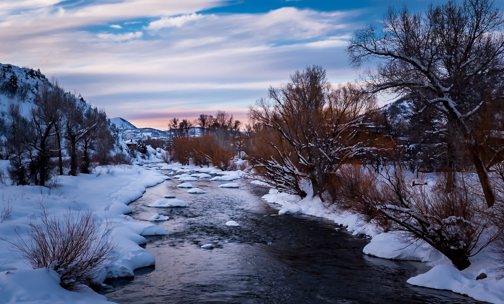 Sunset Over The Yampa River - Looking downstream in Steamboat Springs Colorado
