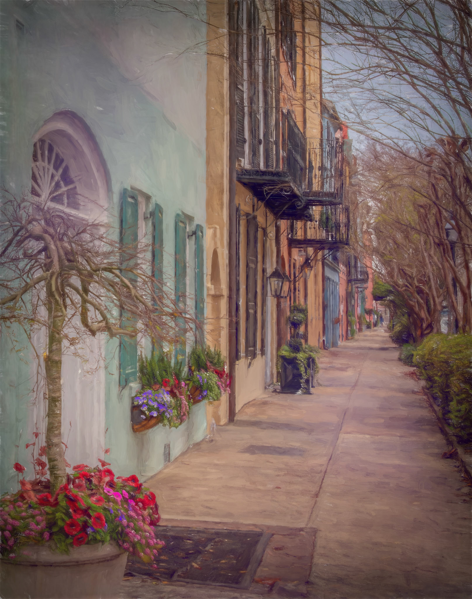 The colorful architecture and streets of historic Charleston, South Carolina, with a painterly rendering
