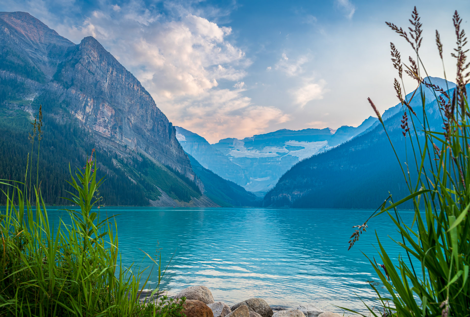 Lake Louise Sunset - Waning light over the beautiful turquoise glacial waters of Lake Louise, Banff National Park