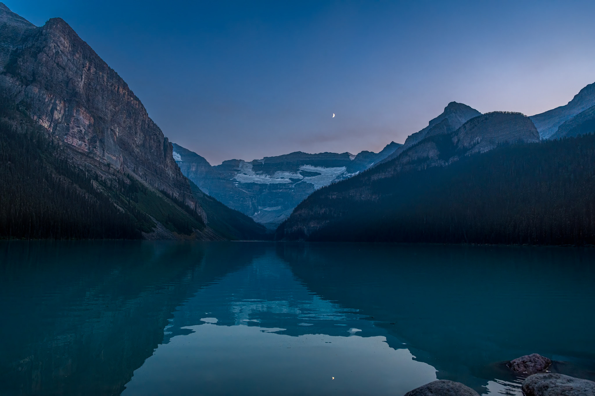 Sunset and Moonset Over Lake Louise