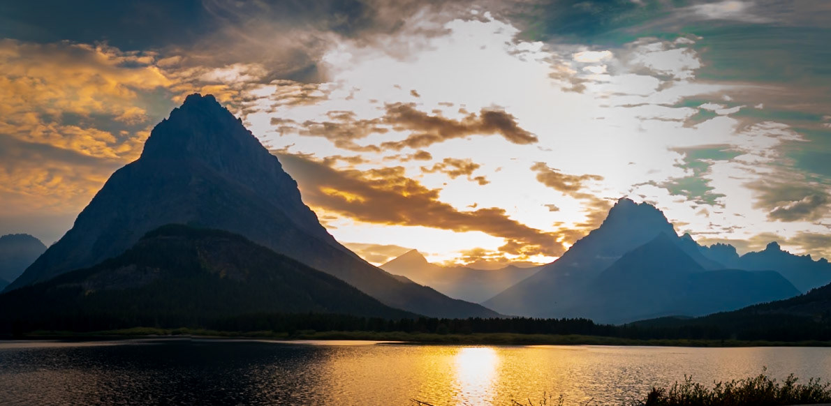 Sunset Over Swiftcurrent Lake - View from back of Many Glacier Hotel