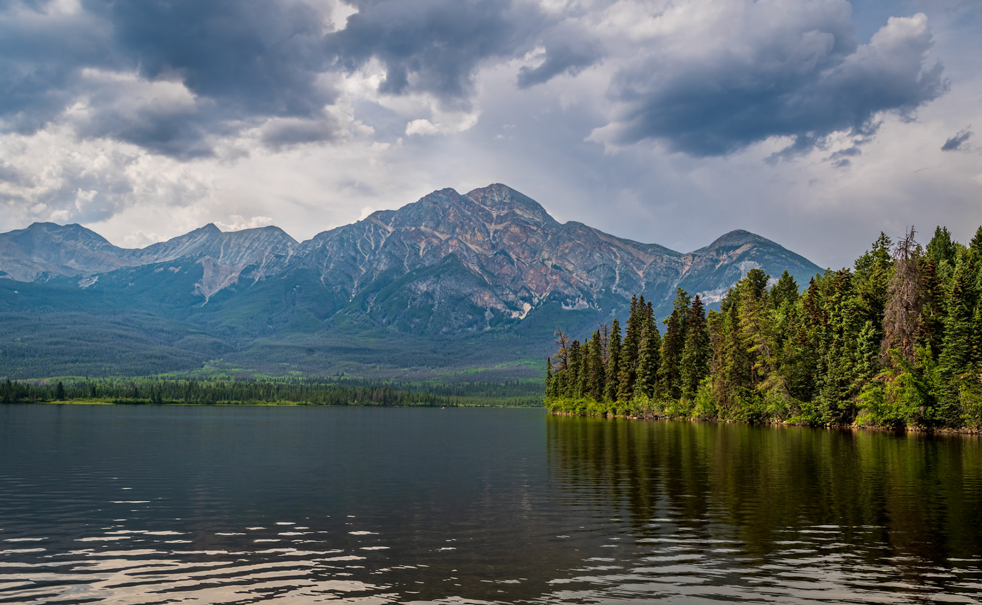 Canadian Rocky Mountain Splendor - Magnificent view across Pyramid Lake of Pyramid Mountain in Jasper National Park