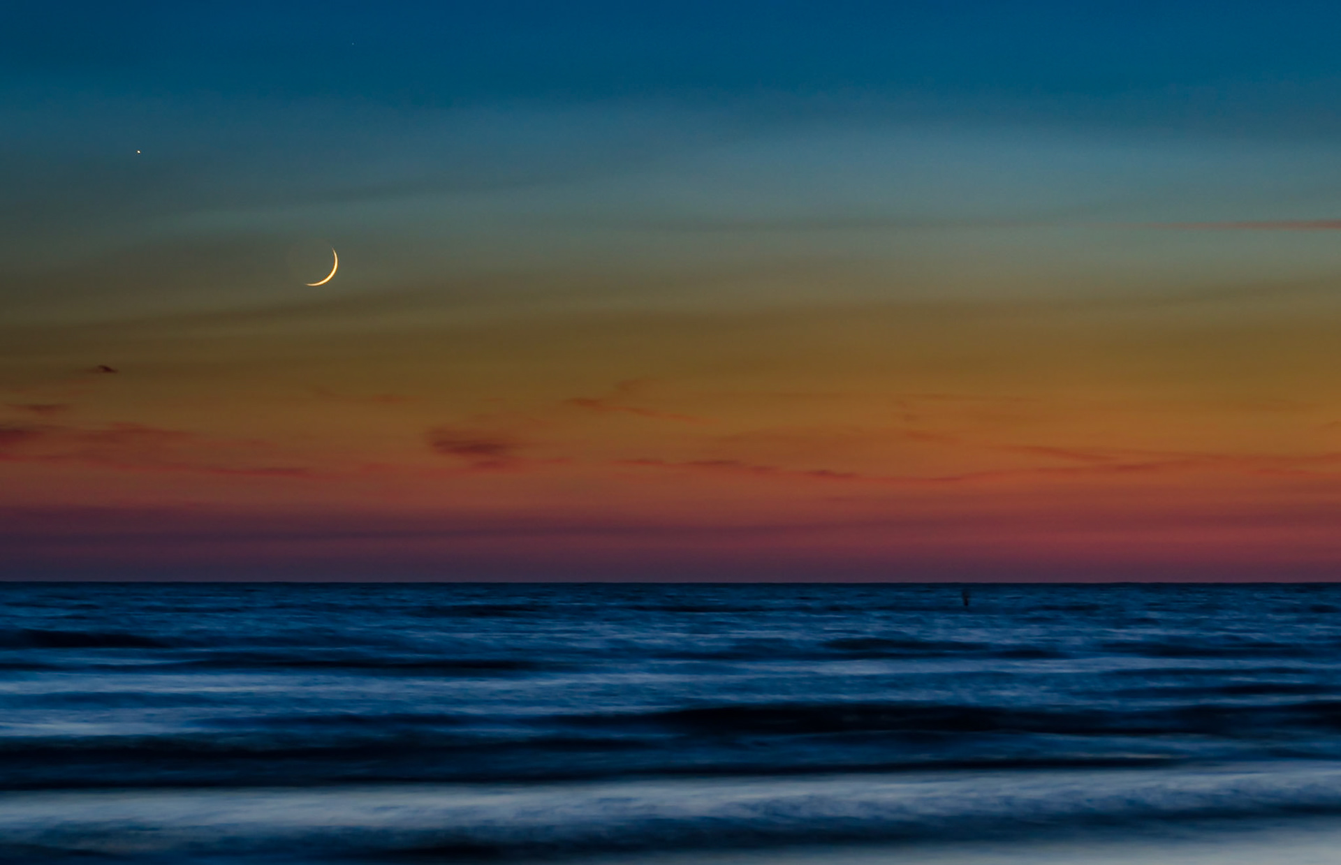 Sunset and Crescent Moon Over the Gulf - Captured on Crescent Beach, Siesta Key Florida