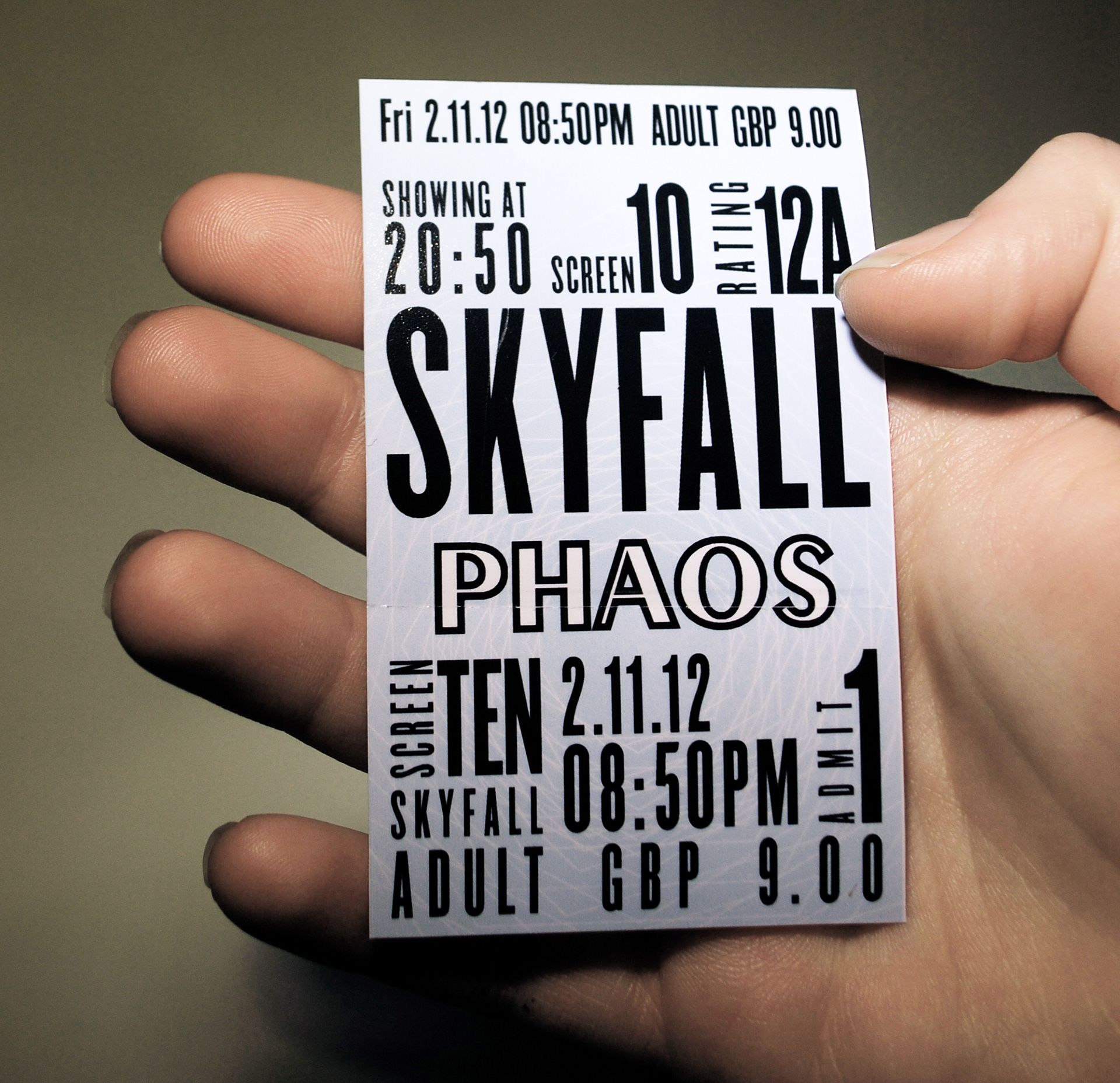 Cinema ticket in normal lighting.