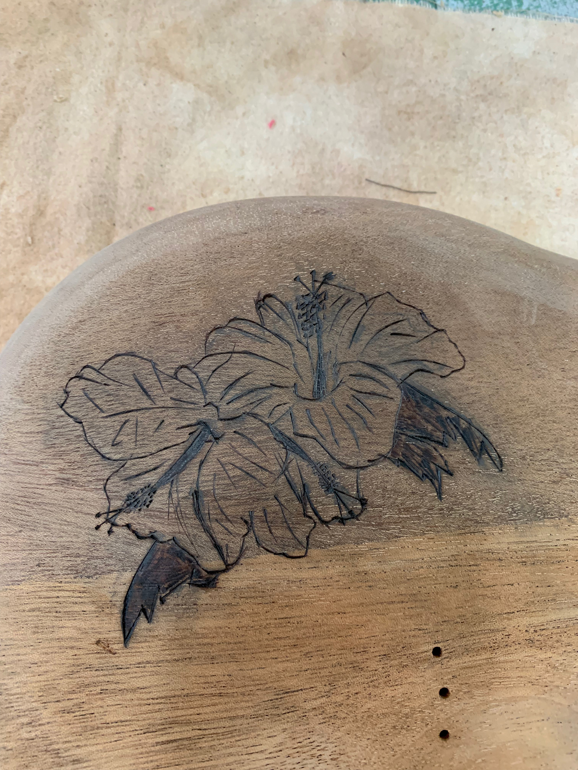 Hibiscus wood burn embellishment