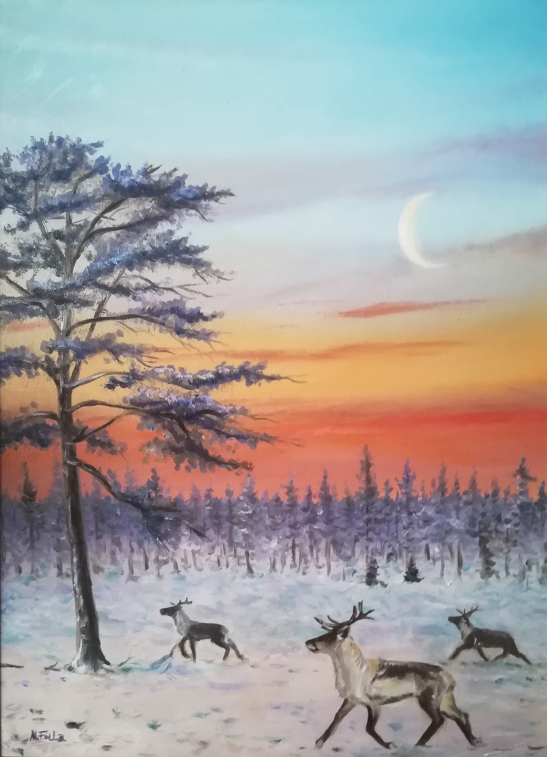 Rentiere im Schnee, 2020, Öl auf MDF, 40x30cm - verkauft