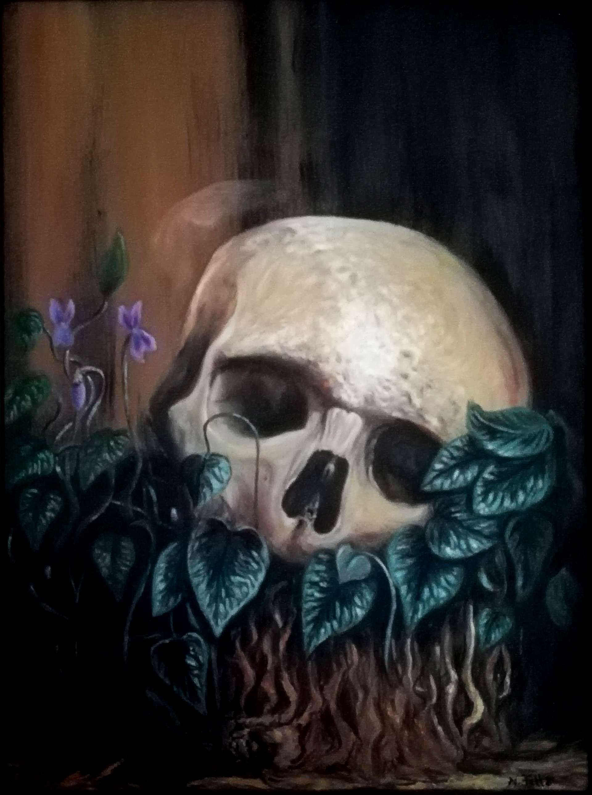 Schädel mit Veilchen, 2019, Öl auf MDF, 40x30cm - Eigenbesitz