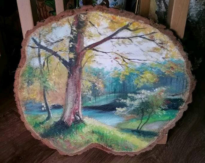 Landschaft auf Holz, 2020, Öl auf Holzscheibe, etwa 40 cm Durchmesser - verkauft