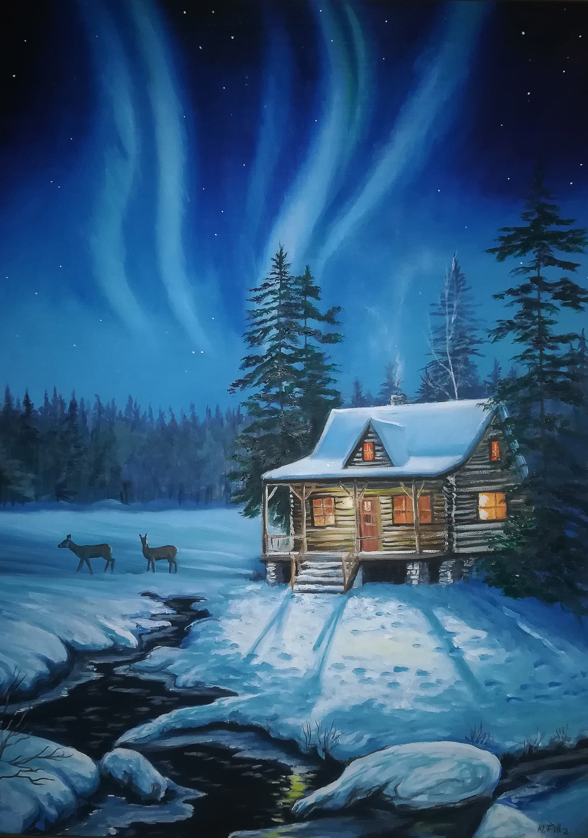 Schneelandschaft mit Rehen und Nordlicht, 2019; Öl auf Pappe 72 x 55cm, gerahmt - Eigenbesitz
