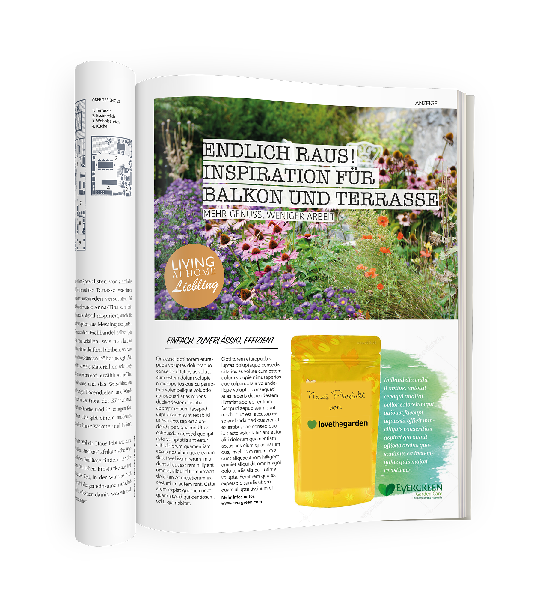 Werbemittel für Evergreen Pflanzendünger im Stile der Zeitschrift "Living at Home"