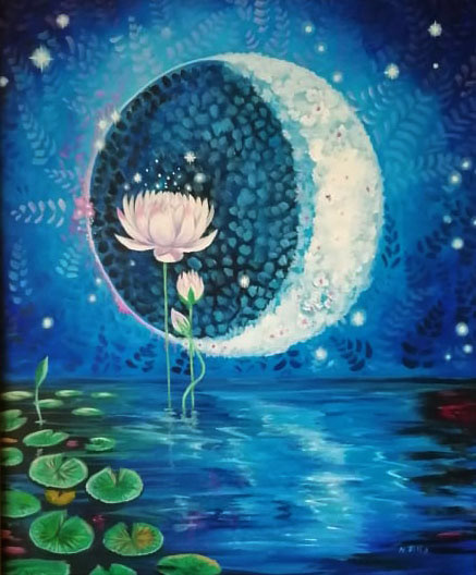 Lotus mit Mond, 2020, Acryl auf Leinwand , 60x50 cm - verkauft