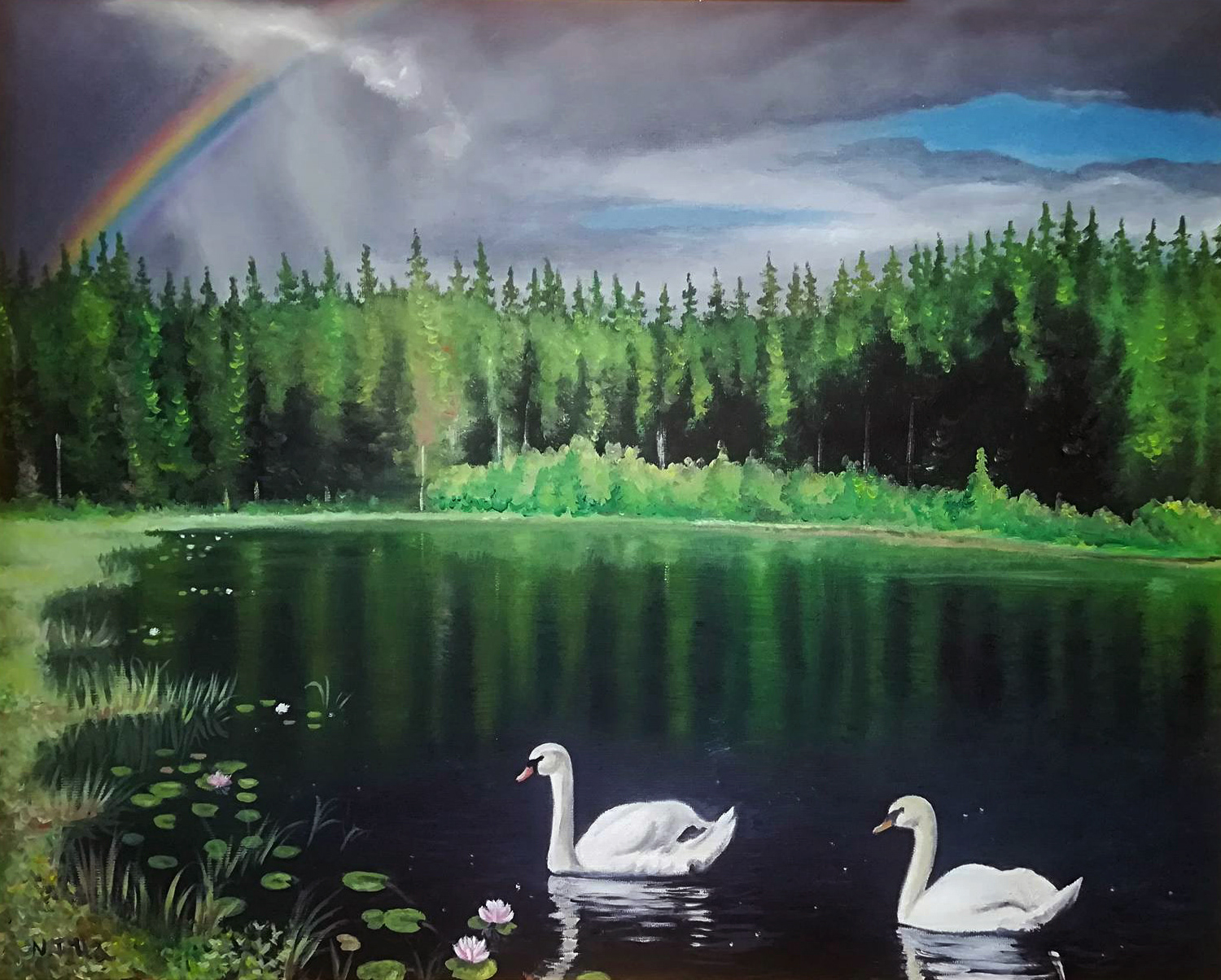 Schwäne, 2018, Öl auf Leinwand, 30x40 cm, gerahmt - Eigenbesitz