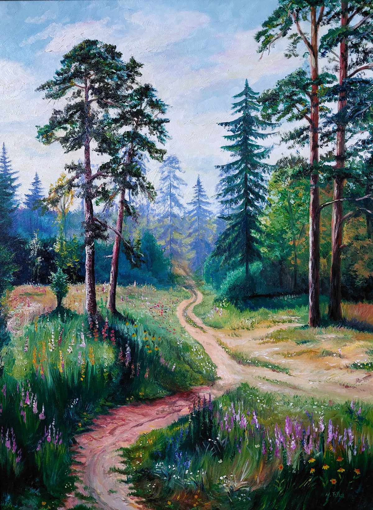 Wandern im Wald (Übermalung), 2024, Öl auf Leinwand, 70x50cm