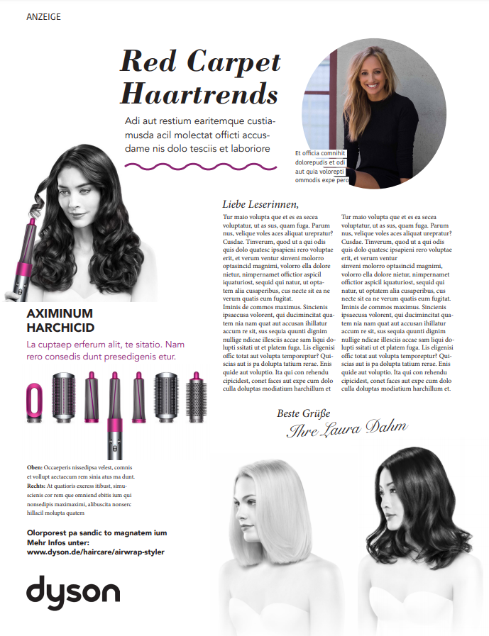 Advertorial für Dyson im Stile der Zeitschrift "Gala"