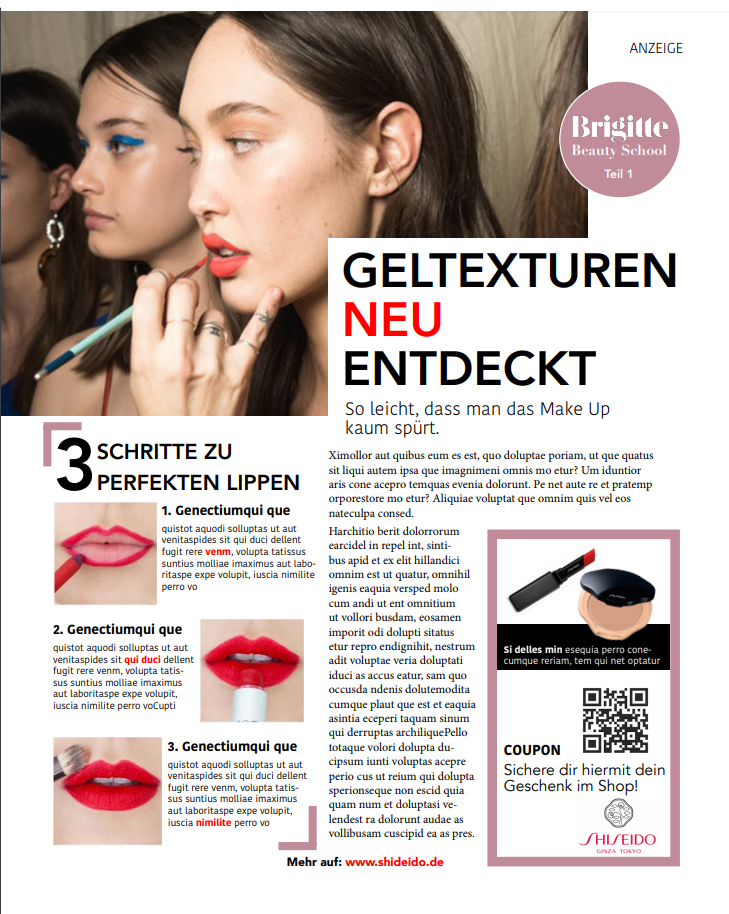 Advertorial + Tutorial für Shiseido im Stile der "Brigitte"
